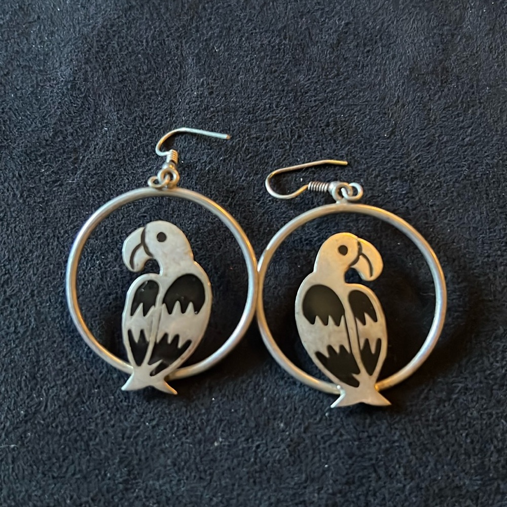 Vintage Mexican Alpaca Silver & Onyx Parrot Earrings
